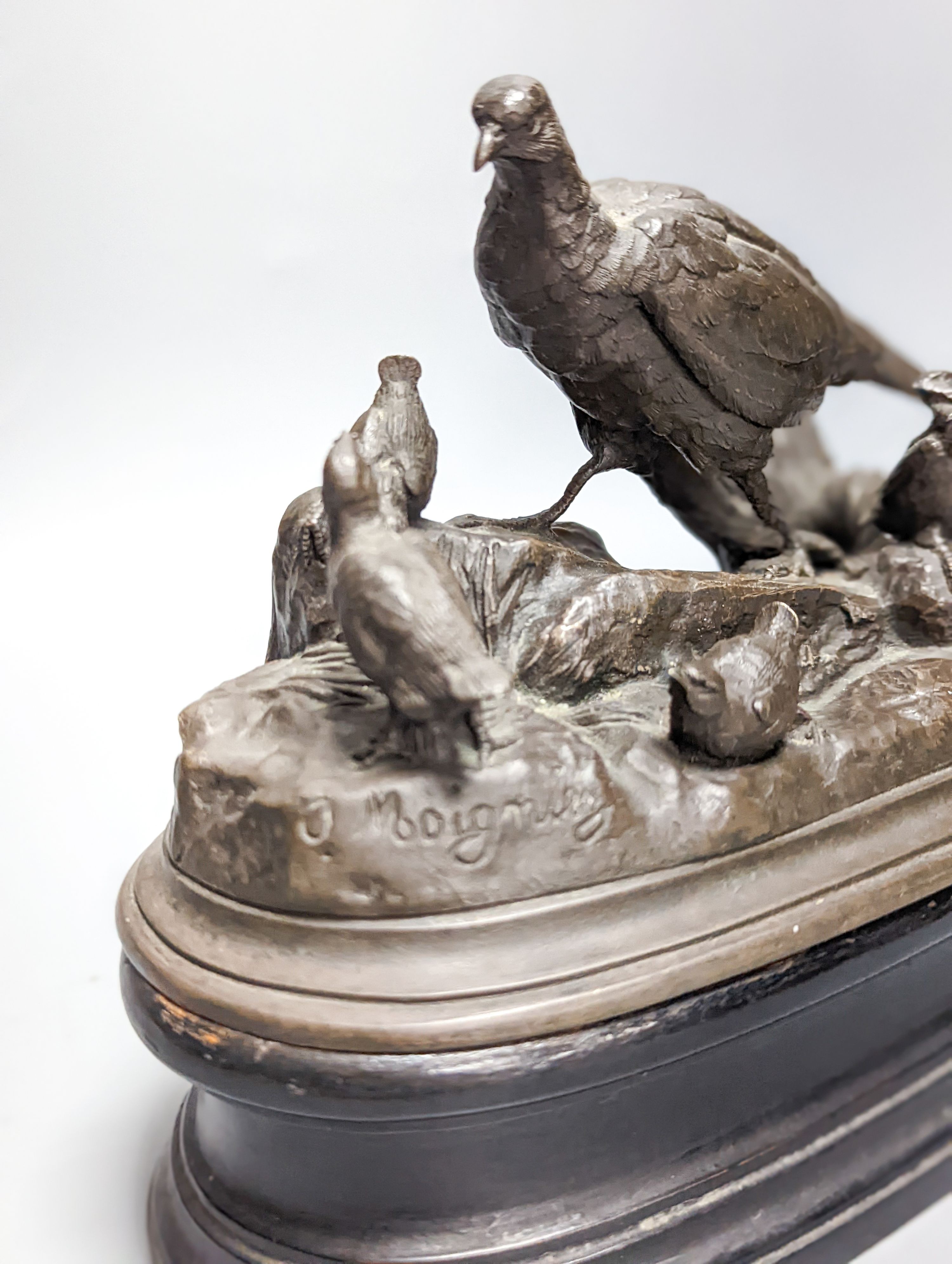 After Moigniez, a pair of early 20th century bronze bird groups of pheasants and partridges 18cm